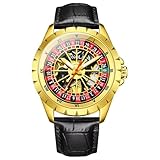 W WOLF-CUB Orologi meccanici da uomo, con quadrante rotante, creativo, alla roulette, automatico, luminoso, impermeabile, regalo per il Ringraziamento e Natale, Oro e oro