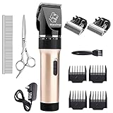 Maxshop Dog Cat Clippers, Low Noise Rechargeable Cordless Animal Clippers - Professional Pet Grooming Clippers Kit with Scissor, Comb and Detachable Blades(gold)