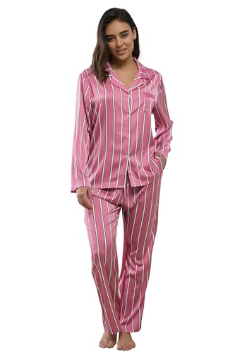 Image of YiNi LuLu Womens Silk Satin Pajamas Set Button Down 2 Piece Pjs Long Sleeve Oversized Sleepwear with Pockets