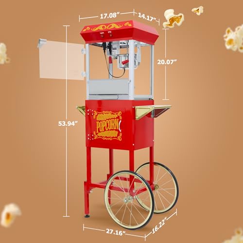 Image of 8 Oz Popcorn Machine Cart, 650 W, Popcorn Maker Machine with Stainless-Steel Kettle, Movie Theater Popcorn Machine with Steel Frame Tempered Glass Doors & Heated Warming Deck, Red