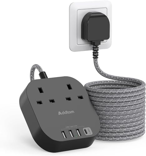 5M Extension Lead with USB Slots, Power Strips with 2 Way Outlets 4 USB (4.5A, 1 Type C and 3 USB A Ports) Surge Protection Plug Extension Socket with Braided Extension cord for Home/Office