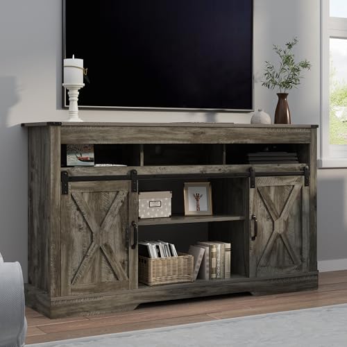 Image of RoyalCraft Farmhouse TV Stand for 23 inch Electric Fireplace, 34'' Tall Entertainment Center for 65+ Inch TV, 34 inch Tall Rustic TV Console with Sliding Bar Door for Living Room (Light Grey)