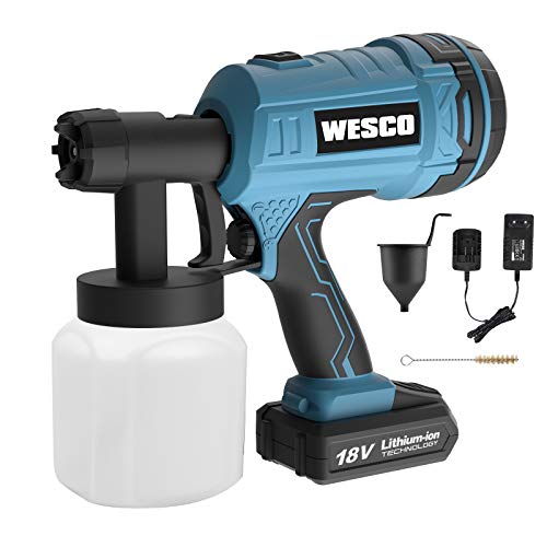 WESCO Akku Farbsprühsystem,18V 2.0AH 500ml/min Farbspritzpistole mit 2.5mm Düsen und 3 Spritzmuster,Behälter 800 ml und 50 DIN-s,für Lacke, Lasuren und Farbmengenregulierung *
