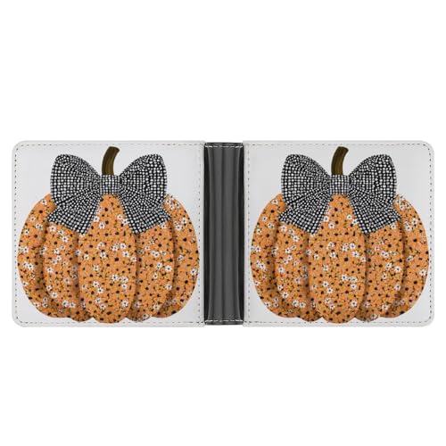 Orange Pumpkin with Bow Soft PU Leather Bifold Wallet, Coin Purse Credit Pass Case, Durable Card-Holder Slim Billfold for Men Woman Money Storage3