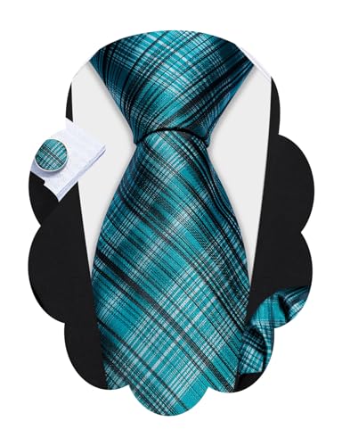 Barry.Wang Designer Classic Ties for Men Set Formal Pocket Square Cufflink Check Plaid