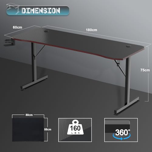 Gaiming Tisch 180cm Gaming Schreibtisch Gamer Computertisch Ergonomischer PC Schreibtisch mit Kabelaufbewahrungsbox, Getränkehalter und Kopfhörerhalter T-förmiger (Schwarz, 180 x 60 x 75 cm) – Bild 4