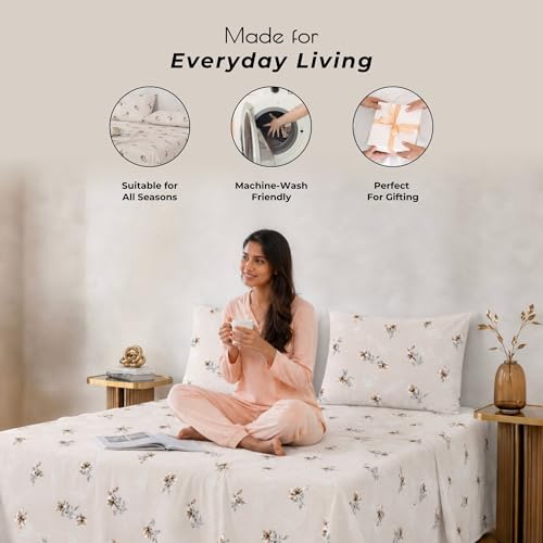 Image of Cotton King Size Bedsheet 108x108 Super King, 100% Pure Cotton Bed Sheet with 2 Pillow Covers, 240 TC Soft Breathable Floral Design Bedding - (Cocoa Blossom, Super King)