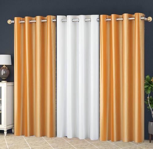 Image of Eyelet Polyester Modern Solid Crush Set of 3 Pcs. Window Curtains (5 Feet, 2 Golden + 1 White)