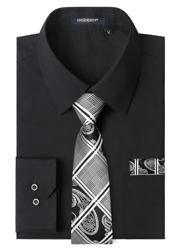 Men's Solid Long Sleeve Dress Shirt with Matching Tie and Handkerchief Set Classic Button Down Formal Business Shirts