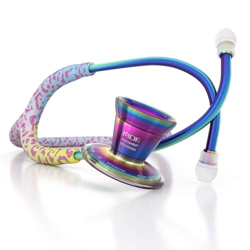 Image of MDF Instruments Rainbow Leopard Kaleidoscope ProCardial Cardiology Stethoscope, Lightweight Titanium, Adult, Dual Head, Rainbow Leopard Tube, Kaleidoscope Chestpiece-Headset, MDF797TRLKL
