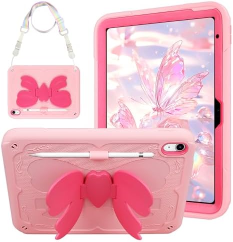 Case for iPad (A16) 11th Generation 11 Inch 2025/for iPad 10th Generation 10.9 Inch 2022 Tablet Cover with Shoulder Strap & Butterfly Stand Cases Shockproof for iPad 10th Gen Girls Light Pink