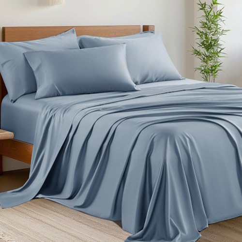 Image of Shilucheng 6 Piece Queen Sheet Sets, Cooling Sheets, Blend Rayon Derived from Bamboo, Deep Pocket Up to 16 inch, Breathable & Soft Bed Sheets, Hotel Silky Bedding Set, French Blue