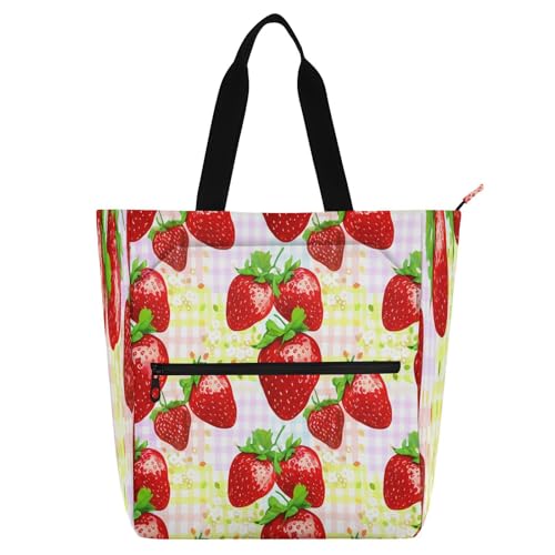 Strawberries Book Tote Bag,Large Capacity Handbag with Zipper Perfect for School,Travel,Shopping
