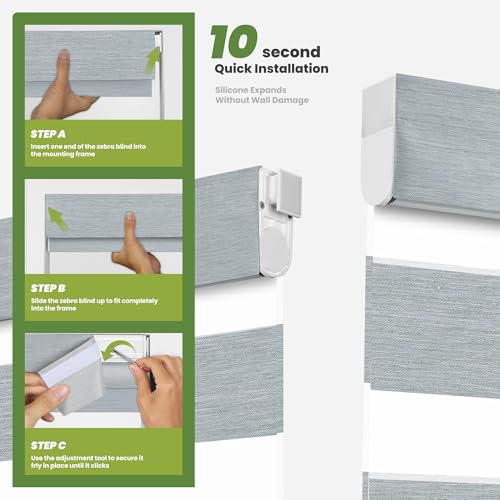 No Drill No Tools Cordless Dual Layer Zebra Blinds for Windows, Blackout Zebra Shade for Indoor Windows,Easy to Install Thermal Insulated Blinds, Light Grey, Custom Size - Image 3