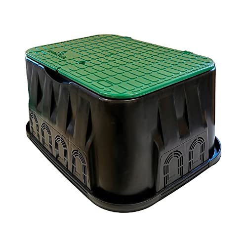 RIEGOPRO Arqueta de Riego Rectangular JUMBO para Enterrar con 10 Salidas Recortables. Base 64x49,5cm - Tapa 53,5x37cm - Altura 30xcm. Tapa con Bisagra para facilitar la Apertura.Robusta muy Resistente