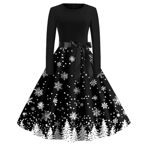 Weihnachtsoutfit Damen Abendkleider Langarm, Festliche Kleider Für Damen Rundkragen Druckmuster, Kleider Midikleid Lustige - Christmas Dress Elegant...