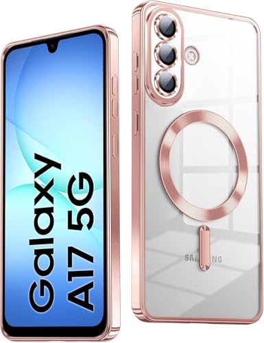 Image of VONZEE Clear Logo Electroplating Transparent Case for Samsung A17 5G, Magnetic Plating [Support for MagSafe Charger] Electroplate TPU Cover, Individual Camera Protection for Each Lens - Rose Gold