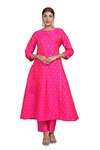 Image of Riara Art Silk Women Long Anarkali Kurti with Pant Polka Dot A-line Ladies Ethnic Wear Dress