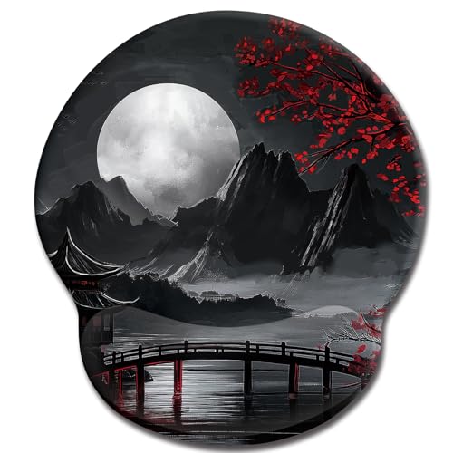 LIMKRIAN 日本製マウスパッド リストレスト付き 満月 人間工学マウスパッド 手首サポート 滑り止め 痛み緩和 PUベース 面白いコンピューターマウスパッド 和スタイル オフィス ホーム デスクアクセサリー 装飾のサムネイル