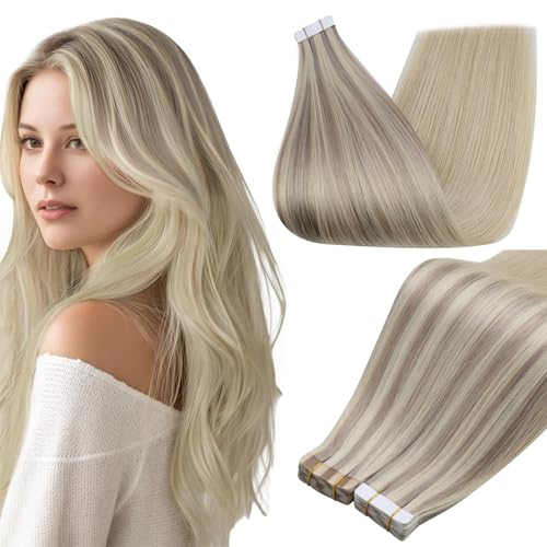 Image of Full Shine Tape in Hair Extensions Human Hair 12Inch Color 18 Ash Blonde Ombre 22 And 60 Platinum Blonde Human Hair Tape in Extensions Invisible Remy Silky Straight Skin Weft 30G 20Pcs Double Sided