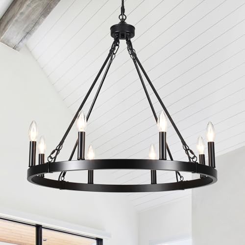 Image of 8-Lights Black Wagon Wheel Chandelier 26 inch Industrial Hanging Light Fixture for Dining Room Farmhouse Round Chandeliers for Living Room Foyer Hallway Kitchen Island Entryway