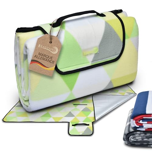 Beautissu Couverture Pique Nique Impermeable 200x200 cm Vert Bella – Plaid Tapis Pique Nique Nappe Picnic Portable pour Camping, Jardin Couverture de Plage avec Poignée