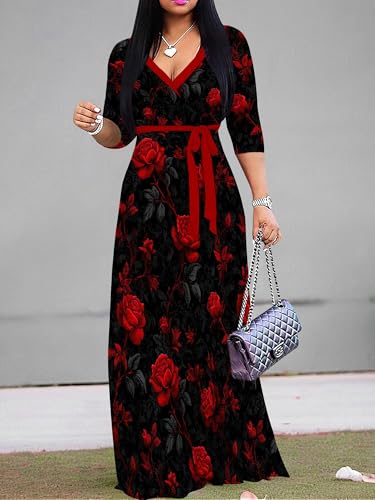 Image of PinkPatty Women's Long Sleeve Maxi Dress Plus Size Trendy Wedding Guest Dress with Pockets&Belt