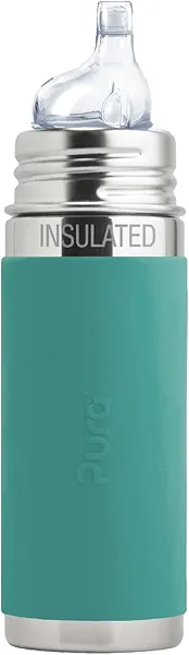 Pura Kiki 9oz/260ml Stainless Steel Insulated Sippy Bottle w/Sleeve, Plastic-Free, MadeSafe Certified, Medical-Grade Silicone Sipper Spout Fast Flow for Kids, Toddlers, Babies & Infant (Mint)