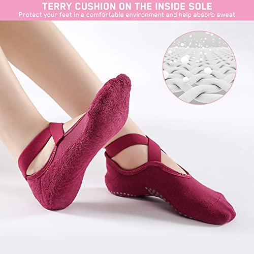 Luckit Yoga Socks With Grips For Women Non Slip Grip Socks Pilates Socks Fitness Socks Anti-Skid Socks For Yoga, Size 5~10 (Wine Red+Peacock Blue) #TOP4