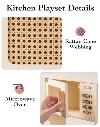 ROBOTIME Play Kitchen with Pretend Ice Cube Dispenser for Kids, Wooden Kids Kitchen Playset, Toy Kitchen Set for Toddler Age 3 4 5 6 (Mocha)