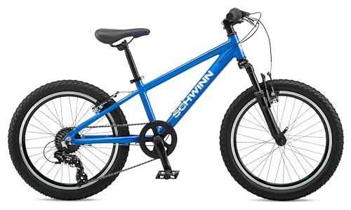 Image of Schwinn High Timber AL Mountain Bike for Youth Boys Girls, 20-Inch Wheels, 7-Speeds, Front Suspension, Aluminum Frame and Alloy Linear Pull Brakes, Blue