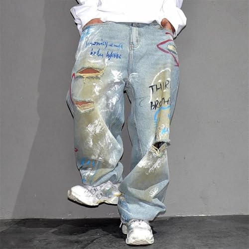 Men’S Chic Slim Fit Straight Ripped Denim Full Length Jeans Button Fly Midweight Light Distressed Destroy Wash Print Detail2