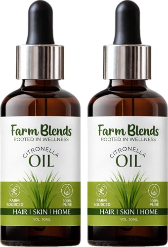 Image of Farm Blends Citronella Essential Oil | 100% Undiluted Pure | Natural Insect Repellent, Removes Bad Odor, Hair & Skin Care | Farm To Home | Cymbopogon winterianus | 30ML + 30ML (Pack of 2)
