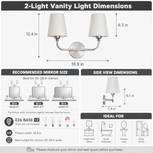 Image of Bathroom Vanity Light Brushed Nickel Bathroom Lighting Fixtures Over Mirror | 2-Light Bathroom Light Fixtures with Flared White Fabric Shade, E26 Socket (ETL Listed)