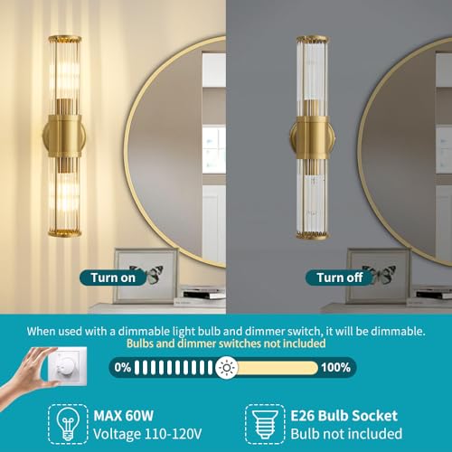 Image of Gold Wall Sconce Bathroom Vanity Light Fixtures for Mirror, Modern Wall Light with Glass Rod Shade for Bathroom, Bedroom, Hallway, Living Room - Bulb Not Included