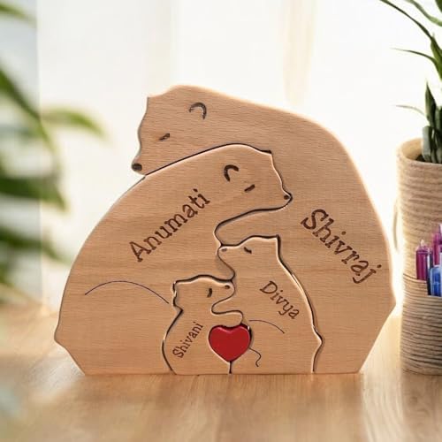 GIFTS HOUSE 6+ Years Personalized Wooden Bear Family Puzzle | 4 Piece Set | Classic Style | Ideal for Family Celebrations