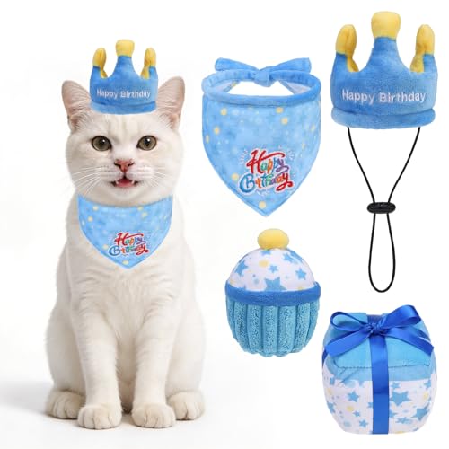 ESGPET Cat Birthday Decorations Catnip Toys for Indoor Cats 4 Pack Cat Birthday Party Supplies with Birthday Hat Bandana Cake & Gift Box Interactive Plush Kitten Toys Filled with Crinkle Paper Catnip