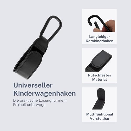 ESSENTIVAL Kinderwagen Haken für Taschen (2 Stück) - Großer Universalkarabiner für Kinderwagen, Robuste Karabinerhaken als Taschenhalter, Anhänger für Kinderwagen in Universeller Passform (Schwarz)