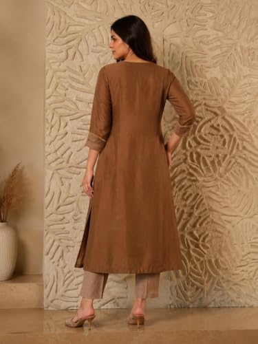 Image of ANNI Designer Viscose Blend Solid Kurta with Pant for Women | A-Line Kurti Set for Woman | 3 /4 Sleeve Close Round Neck Stylish Kurta Pant Ethnic Outfit Party Wedding