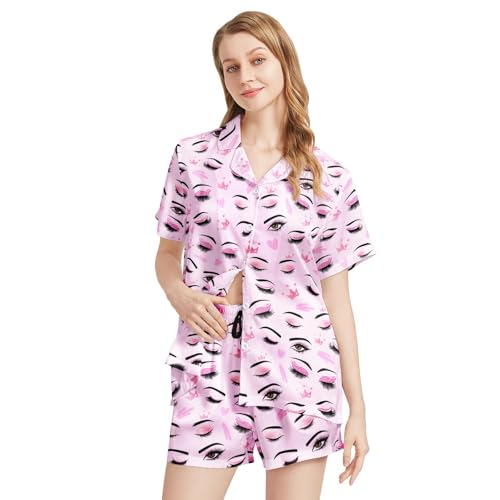 Image of Funny Satin Pajamas Set for Women Button Down Sleepwear Print Pjs Set 2 Piece Short Sleeve Loungewear Gift for Women