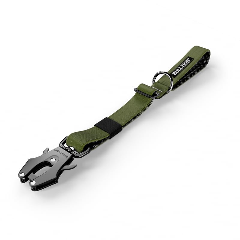 Bullyion ® Original Equipment All Action Adjustable Traffic Lead, Engraved Enamel Badge, Neoprene Lining - Car Tether Safety Leash - Adjustable from 20cm to 26cm - (COMMANDO KHAKI)