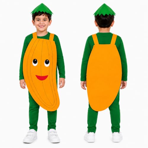 Image of Raj Costume Kids Mango Fruit Costume Apron with Cap for Boys & Girls | Cute Yellow Cutout Fancy Dress | Soft Felt Fabric | Role Play Outfit