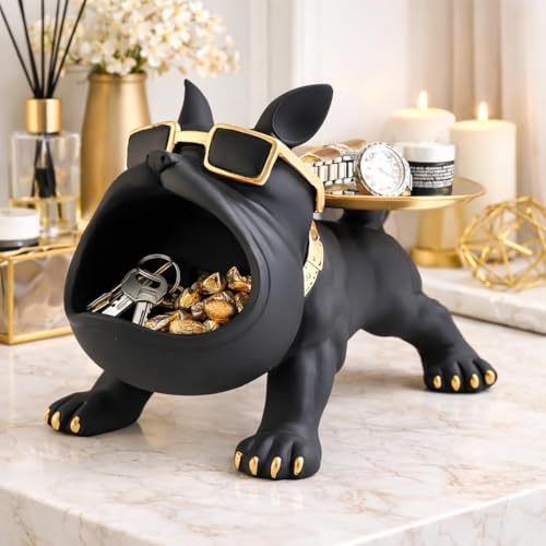 Image of Cool Bulldog Key Bowl & Accessory Tray - Matte Black & Gold Resin Dog Sculpture Multifunctional Organizer Showpiece for Keys Watches & Candy (Black & Gold, Dog with Tail Plate)