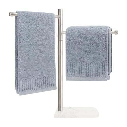 Winmien Standing Hand Towel Holder, Hand Towel Stand with Marble Base, 304 Stainless Steel Towel Rack with 2 Swivel Arm, Countertop Stand Towel Ring Towel Bar for Bathroom (Brushed Nickel,Square