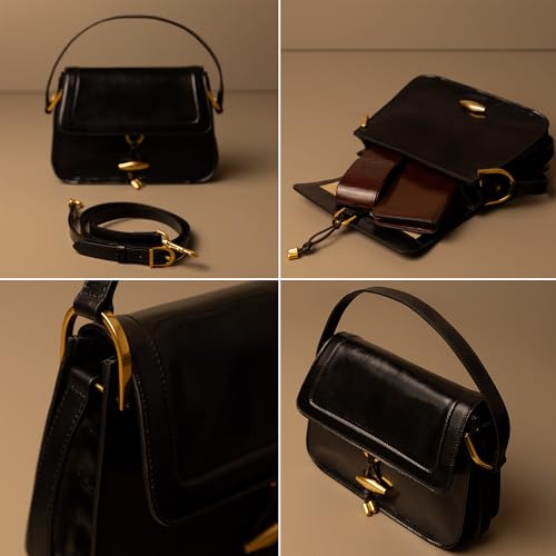 Image of Time Resistance Leather Shoulder Bag - Full-Grain Leather Handbag with Toggle Closure - Elegant Handbag for Women