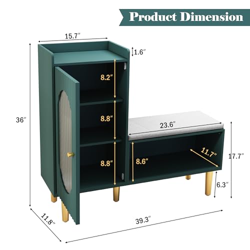 Image of HLR Storage Bench Set of 2, Green Modern Entryway Shoe Cabinet Bench with Glass Door&Shelf, L-Shaped Storage Cabinet with Padded Seat for Hallway, Bedroom, Living Room, Office