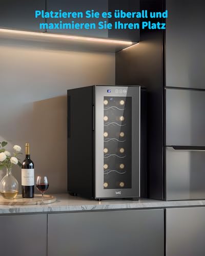 Foto von WIE Weinkühlschrank 1 Zonen 33 Liter 12 Flaschen Getränkekühlschrank Weinschrank Klein Wein-Kühlschrank Mini mit Glastür Vollglas-Designtür mit LED Touchpanel Anti-UV Wine Fridge