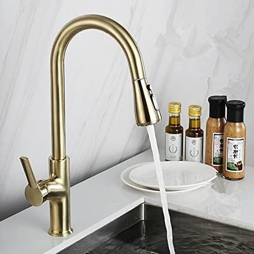 Kitchen Sink Faucet for Bar Farmhouse Commercial, Black Pull Out Kitchen Tap, Brushed Gold Pull Down Kitchen Mixer, Rotating Sink Mixer Tap Brass Kitchen Faucet(Brushed Gold)