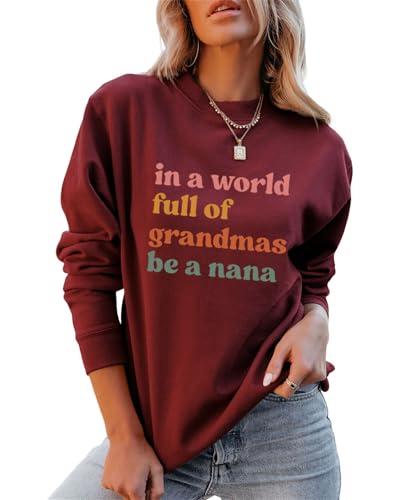 WANIMQR Nana Sweatshirt for Women Crewneck Graphic Pullover Wine