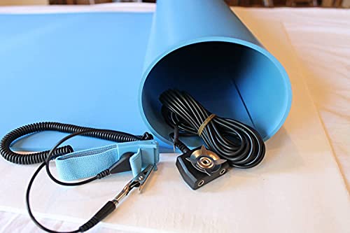 ESD Dissipative Workbench, Desktop Mat with Wrist Strap and Dual Common Point Grounding - Three Layer Vinyl (2.5ft by 6ft, Blue)